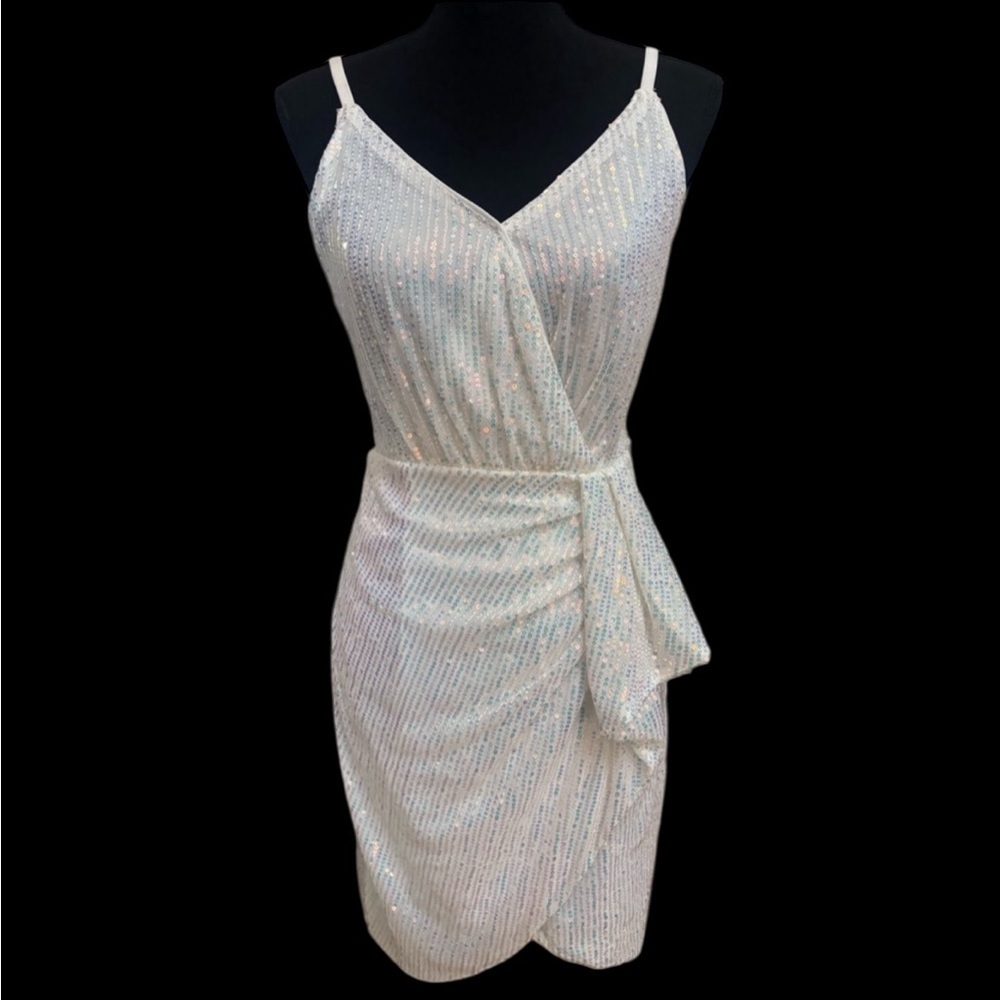 Grace Karin White Sequin Mini Dress Spaghetti Strap Sleeveless Bodycon Size S
